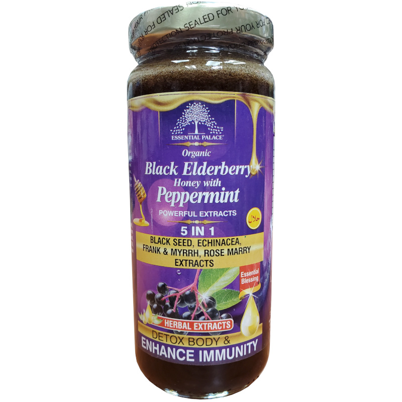 Essential Palace Organic Black Elderberry Honey with Peppermint 5 IN 1 16 OZ front