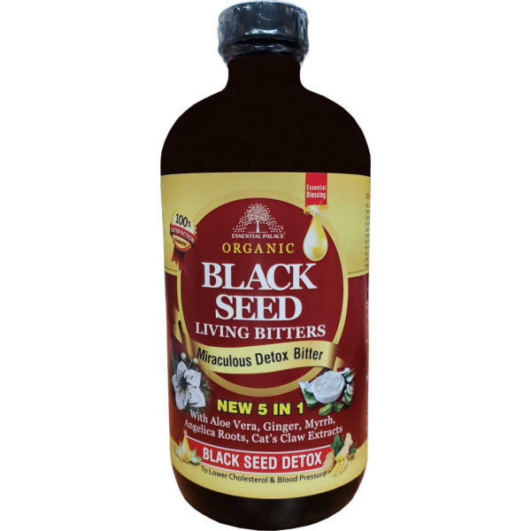 Essential Palace Organic Black Seed Living Bitters 5 IN 1 16 OZ Front