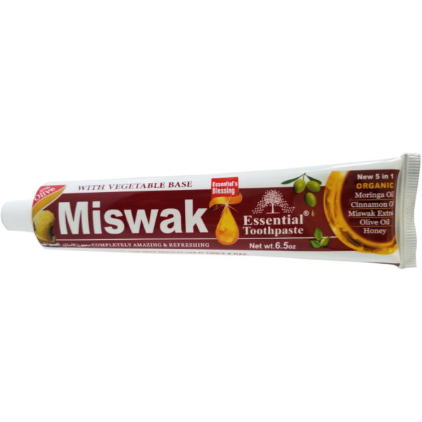 Essential Palace Organic Miswak Toothpaste With Moringa & Olive Fluoride Free Vegan 5 IN 1 6.5 OZ front tube