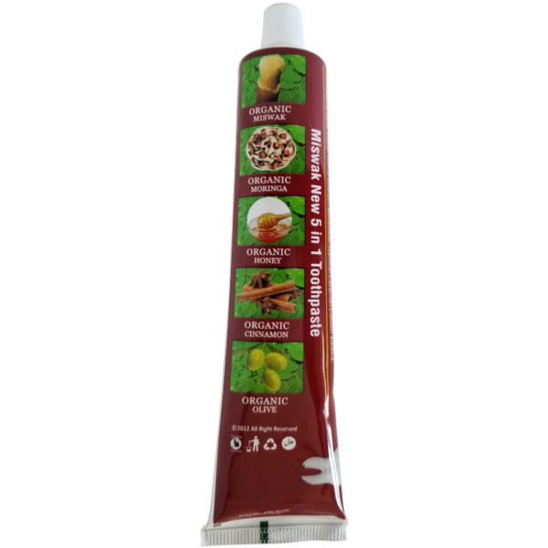 Essential Palace Organic Miswak Toothpaste With Moringa & Olive Fluoride Free Vegan 5 IN 1 6.5 OZ ingredients tube