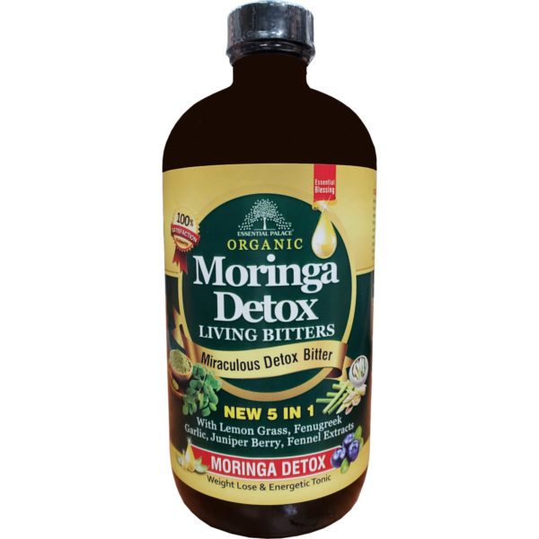 Essential Palace Organic Moringa Detox Living Bitters 5 IN 1 16 OZ front glass