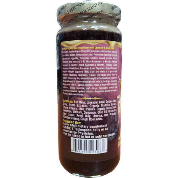 Essential Palace Organic Sea Moss Honey With Lavender 5 IN 1 16 OZ Description glass