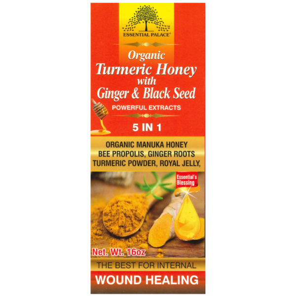 Essential Palace Organic Turmeric Honey With Ginger & Black Seed 5 IN 1 16 OZ front 2