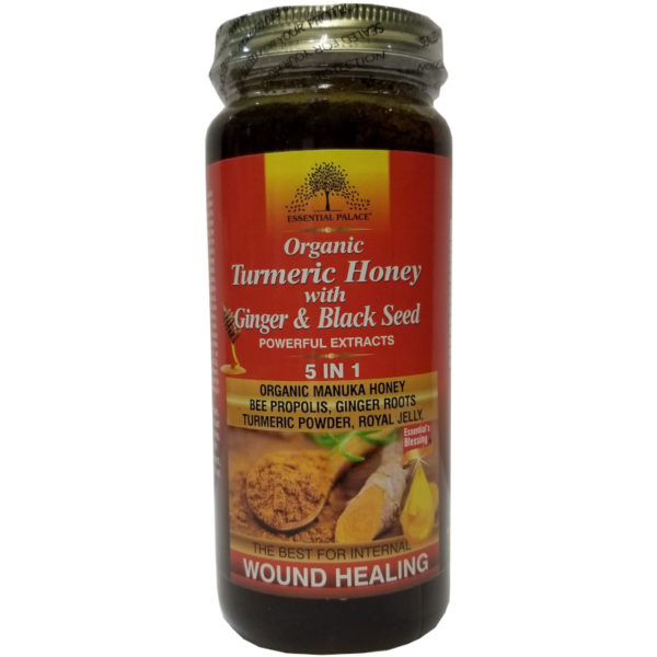 Essential Palace Organic Turmeric Honey With Ginger & Black Seed 5 IN 1 16 OZ front glass