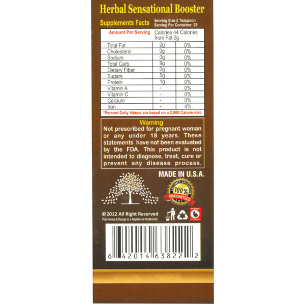Essential Palace Organic Yohime Bark Honey With Red Ginseng 5 IN 1 16 OZ back